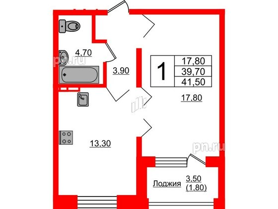 Квартира в ЖК Сибирь, 1 комнатная, 41.5 м², 2 этаж