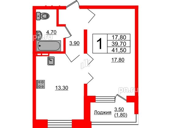 Квартира в ЖК Сибирь, 1 комнатная, 41.5 м², 5 этаж