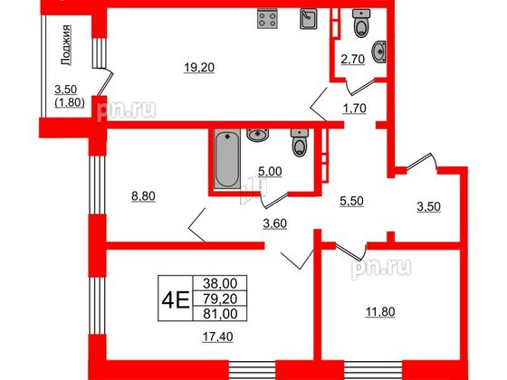 Квартира в ЖК Сибирь, 3 комнатная, 81 м², 2 этаж