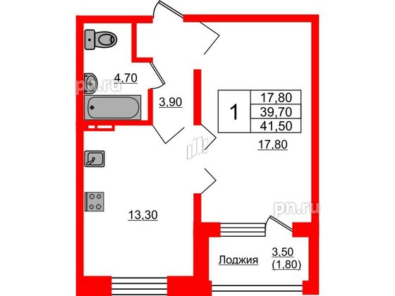 Квартира в ЖК Сибирь, 1 комнатная, 41.5 м², 1 этаж