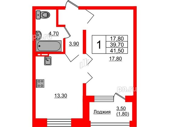 Квартира в ЖК Сибирь, 1 комнатная, 41.5 м², 2 этаж