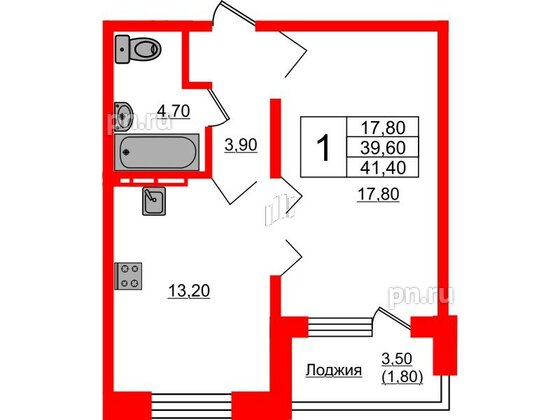 Квартира в ЖК Сибирь, 1 комнатная, 41.4 м², 9 этаж