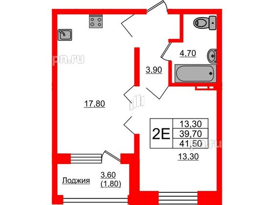 Квартира в ЖК Сибирь, 1 комнатная, 41.5 м², 2 этаж