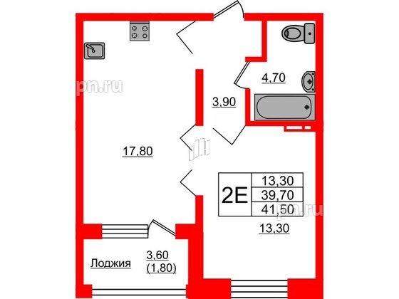 Квартира в ЖК Сибирь, 1 комнатная, 41.5 м², 6 этаж