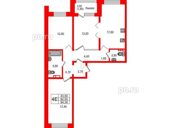 Квартира в ЖК Сибирь, 3 комнатная, 84.3 м², 2 этаж