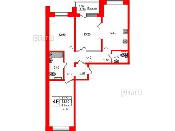 Квартира в ЖК Сибирь, 3 комнатная, 84.3 м², 6 этаж