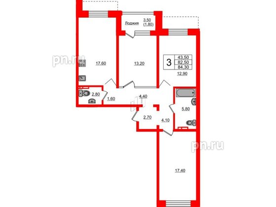 Квартира в ЖК Сибирь, 3 комнатная, 84.3 м², 2 этаж