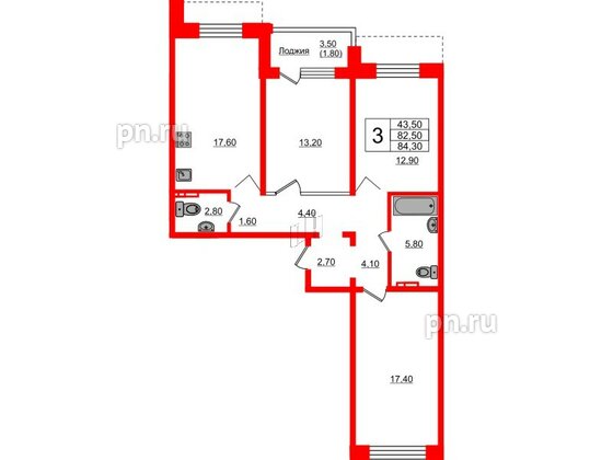 Квартира в ЖК Сибирь, 3 комнатная, 84.3 м², 5 этаж