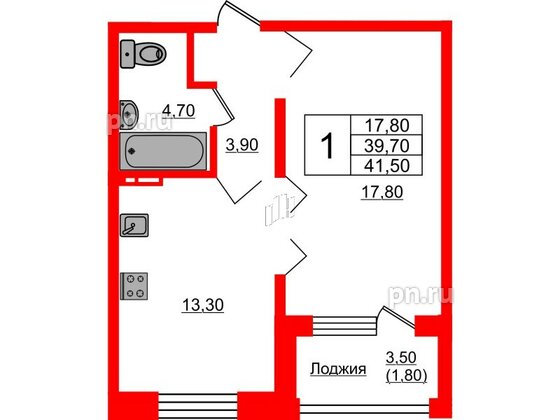 Квартира в ЖК Сибирь, 1 комнатная, 41.5 м², 1 этаж