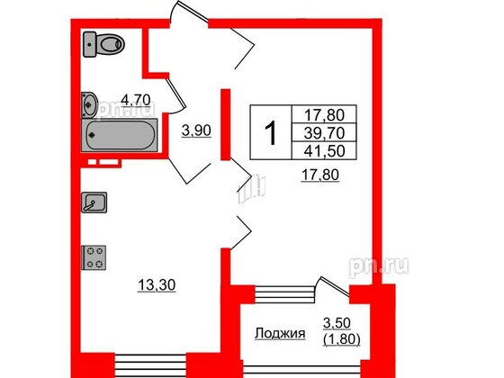 Квартира в ЖК Сибирь, 1 комнатная, 41.5 м², 2 этаж