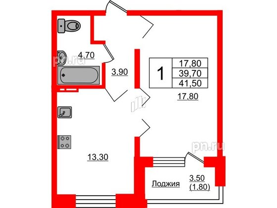 Квартира в ЖК Сибирь, 1 комнатная, 41.5 м², 5 этаж