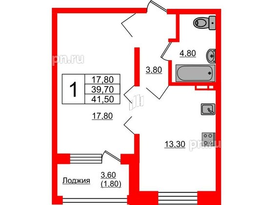 Квартира в ЖК Сибирь, 1 комнатная, 41.5 м², 2 этаж