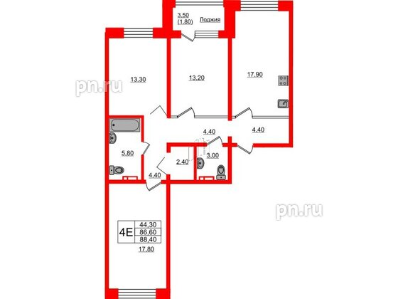 Квартира в ЖК Сибирь, 3 комнатная, 88.4 м², 2 этаж