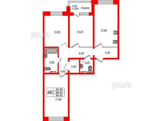 Квартира в ЖК Сибирь, 3 комнатная, 88.4 м², 5 этаж