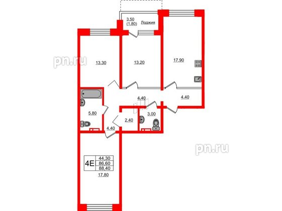 Квартира в ЖК Сибирь, 3 комнатная, 88.4 м², 9 этаж