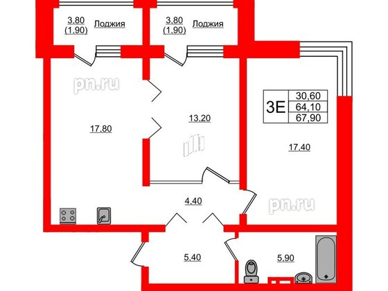 Квартира в ЖК Сибирь, 2 комнатная, 67.9 м², 2 этаж