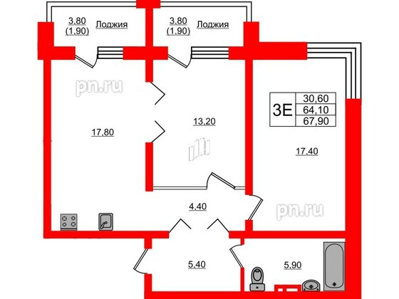 Квартира в ЖК Сибирь, 2 комнатная, 67.9 м², 4 этаж