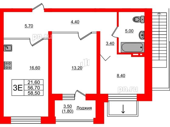 Квартира в ЖК Сибирь, 2 комнатная, 58.5 м², 1 этаж