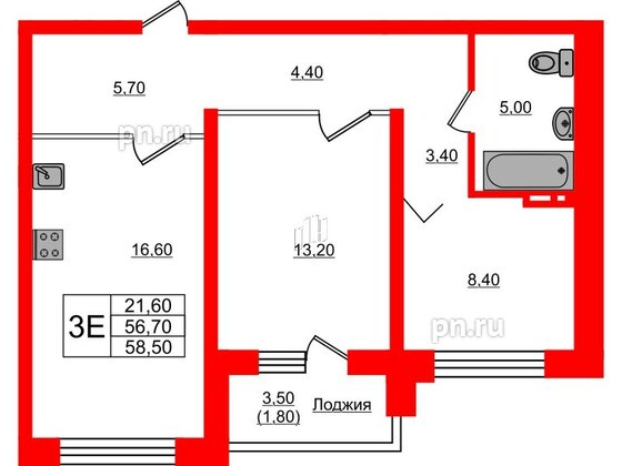 Квартира в ЖК Сибирь, 2 комнатная, 58.5 м², 4 этаж