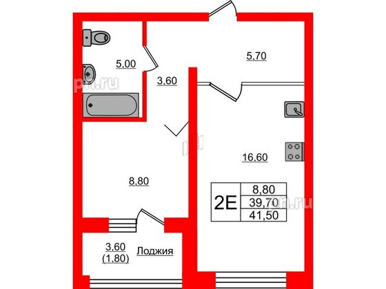 Квартира в ЖК Сибирь, 1 комнатная, 41.5 м², 2 этаж