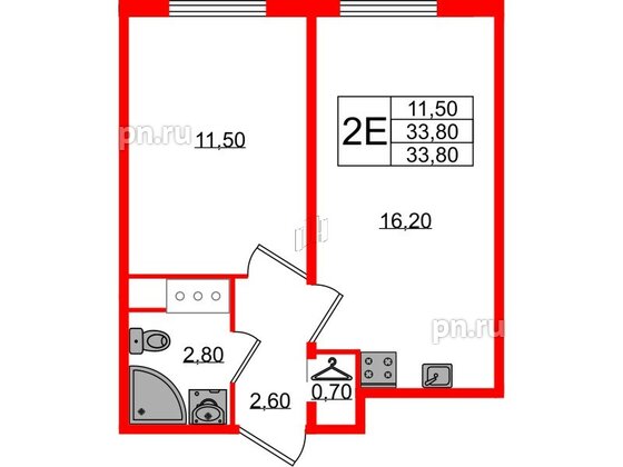 Квартира в ЖК Октябрьская Набережная ЖК, 1 комнатная, 33.8 м², 3 этаж