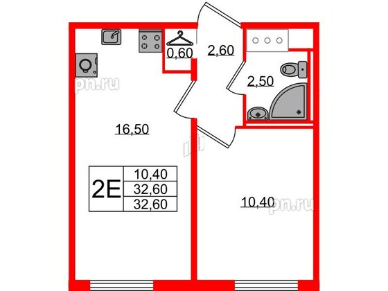 Квартира в ЖК Октябрьская Набережная ЖК, 1 комнатная, 32.6 м², 3 этаж