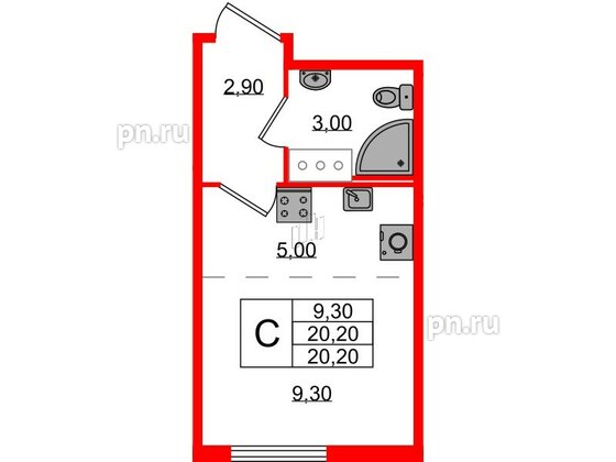 Квартира в ЖК Октябрьская Набережная ЖК, студия, 20.2 м², 3 этаж