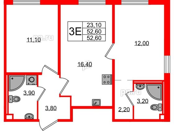 Квартира в ЖК Октябрьская Набережная ЖК, 2 комнатная, 52.6 м², 4 этаж