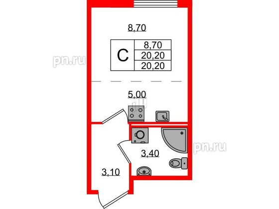 Квартира в ЖК Октябрьская Набережная ЖК, студия, 20.2 м², 2 этаж