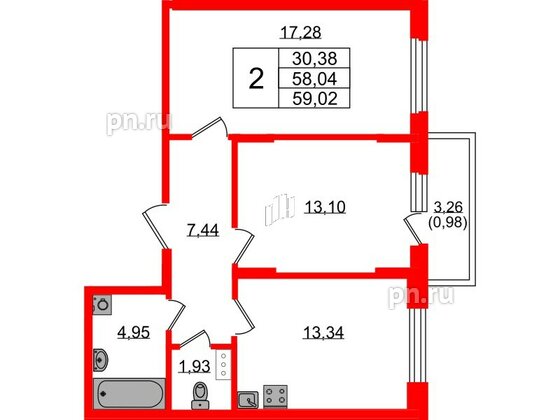 Квартира в ЖК «Аннино Сити», 2 комнатная, 59.02 м², 3 этаж