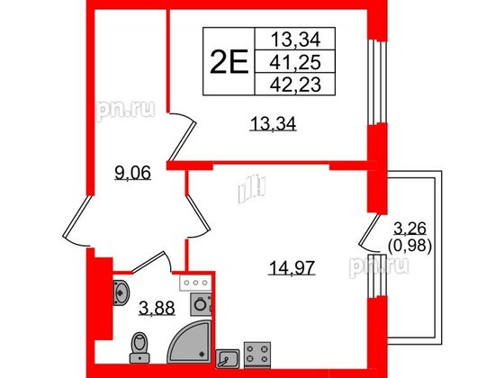 Квартира в ЖК «Аннино Сити», 1 комнатная, 42.23 м², 2 этаж