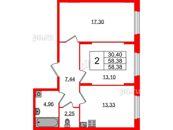 Квартира в ЖК «Аннино Сити», 2 комнатная, 58.38 м², 1 этаж