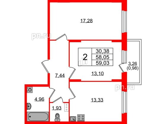 Квартира в ЖК «Аннино Сити», 2 комнатная, 59.03 м², 3 этаж