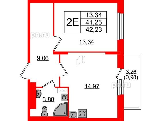 Квартира в ЖК «Аннино Сити», 1 комнатная, 42.23 м², 2 этаж