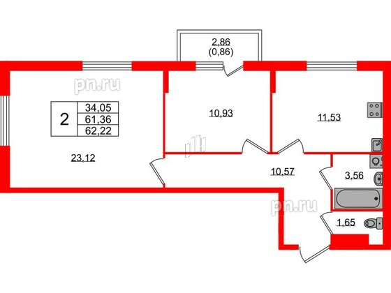 Квартира в ЖК «Аннино Сити», 2 комнатная, 62.22 м², 2 этаж