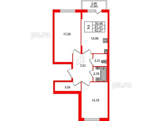 Квартира в ЖК «Аннино Сити», 2 комнатная, 62.27 м², 2 этаж