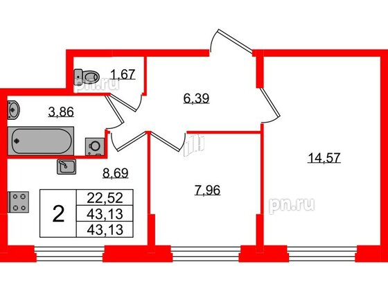 Квартира в ЖК «Аннино Сити», 2 комнатная, 43.13 м², 1 этаж