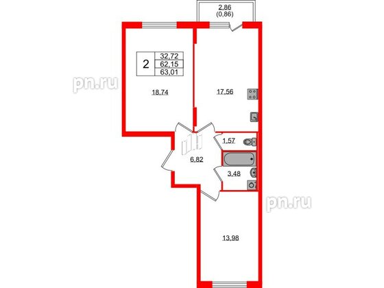 Квартира в ЖК «Аннино Сити», 2 комнатная, 63.01 м², 2 этаж