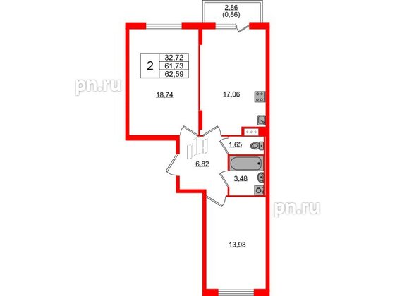 Квартира в ЖК «Аннино Сити», 2 комнатная, 62.59 м², 3 этаж