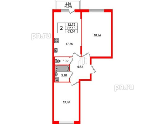 Квартира в ЖК «Аннино Сити», 2 комнатная, 63.01 м², 2 этаж