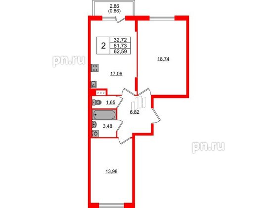 Квартира в ЖК «Аннино Сити», 2 комнатная, 62.59 м², 3 этаж