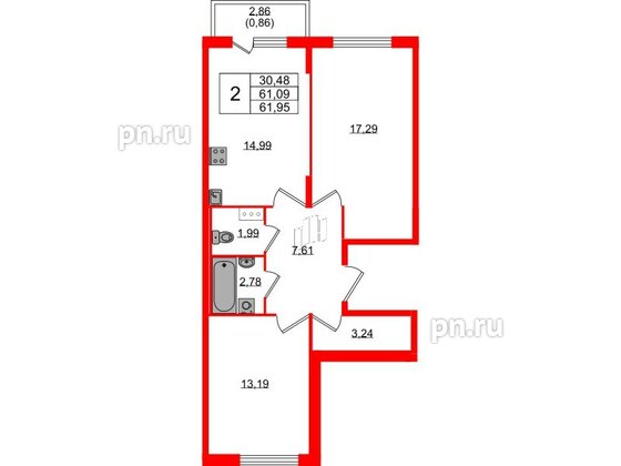 Квартира в ЖК «Аннино Сити», 2 комнатная, 61.95 м², 3 этаж