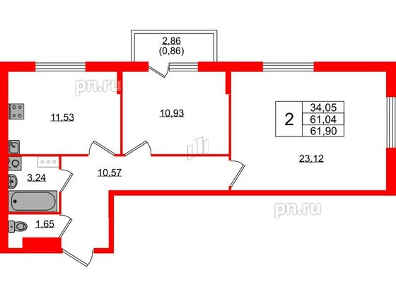 Квартира в ЖК «Аннино Сити», 2 комнатная, 61.9 м², 3 этаж