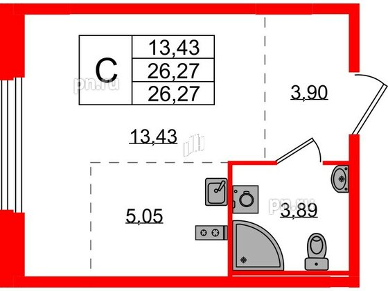 Квартира в ЖК «Аннино Сити», студия, 26.27 м², 1 этаж