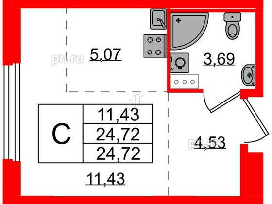 Квартира в ЖК «Аннино Сити», студия, 24.72 м², 2 этаж