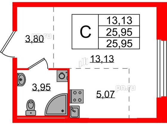 Квартира в ЖК «Аннино Сити», студия, 25.95 м², 1 этаж