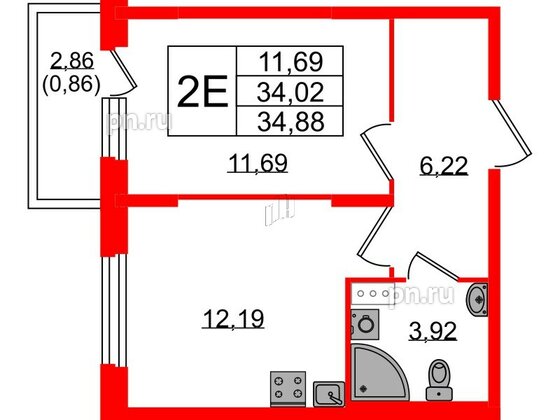 Квартира в ЖК «Аннино Сити», 1 комнатная, 34.88 м², 3 этаж