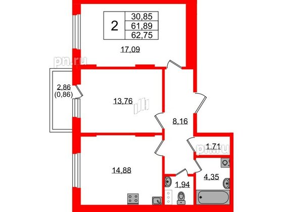 Квартира в ЖК «Аннино Сити», 2 комнатная, 62.75 м², 3 этаж