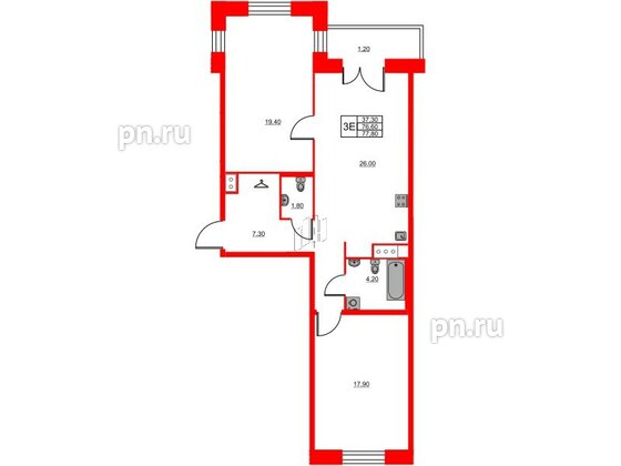 Квартира в ЖК Моисеенко X, 2 комнатная, 77.8 м², 4 этаж