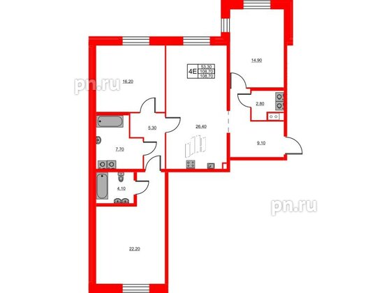 Квартира в ЖК Моисеенко X, 3 комнатная, 108.9 м², 3 этаж